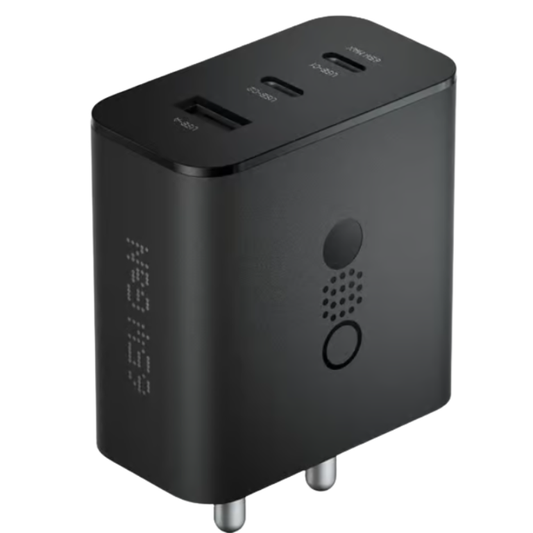 GRUNX Nothing 65W GaN fast charger adapter 3 ports compact design on clean Indian office desk setup