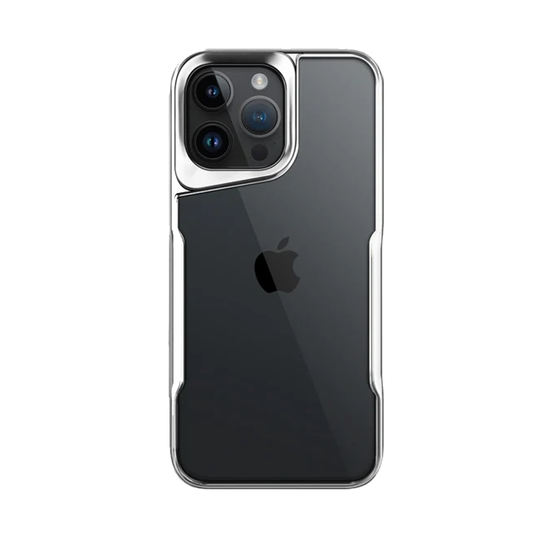 GRUNX Cloud Gate transparent acrylic electroplated silver iPhone 16 Pro case showing clear back and metallic frame on minimal white surface