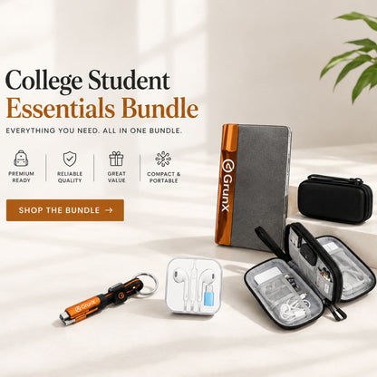 GrunX College Student Essentials Bundle with RFID Protected wallet card holder, 6 in 1 240W cable keychain, earphones and waterproof tavel pouch for cable gearnest