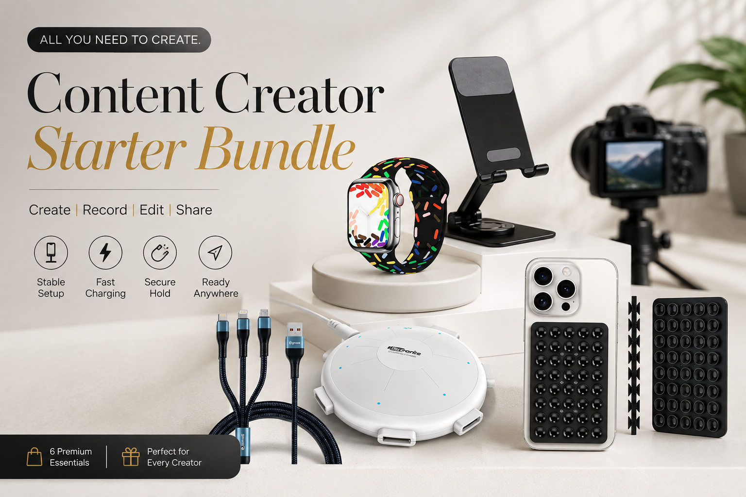 GrunX Content Creator Starter Bundle with portable phone stand, multi device charging station, Apple Watch strap soft sports band and multicolor and 3-in-1  fast charging cable
