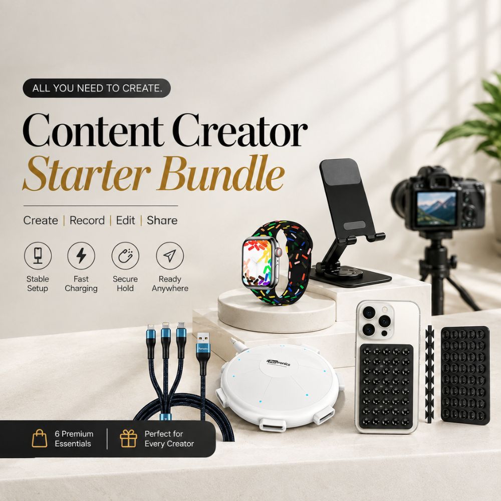 GrunX Content Creator Starter Bundle with portable phone stand, multi device charging station, Apple Watch strap soft sports band and multicolor and 3-in-1  fast charging cable