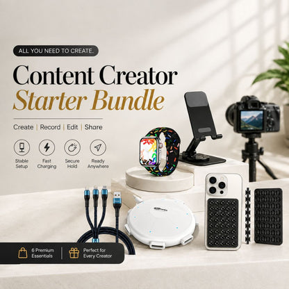 GrunX Content Creator Starter Bundle with portable phone stand, multi device charging station, Apple Watch strap soft sports band and multicolor and 3-in-1  fast charging cable