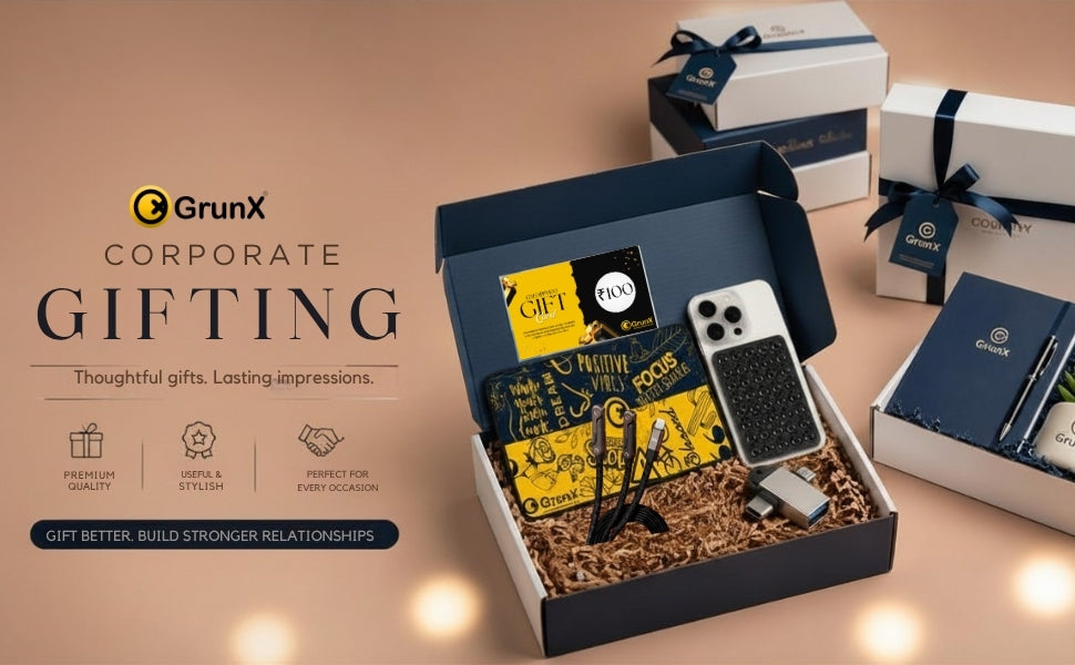 GrunX corporate gifting hamper with iPhone case, charging cable, power bank and gift card for premium employee gifts