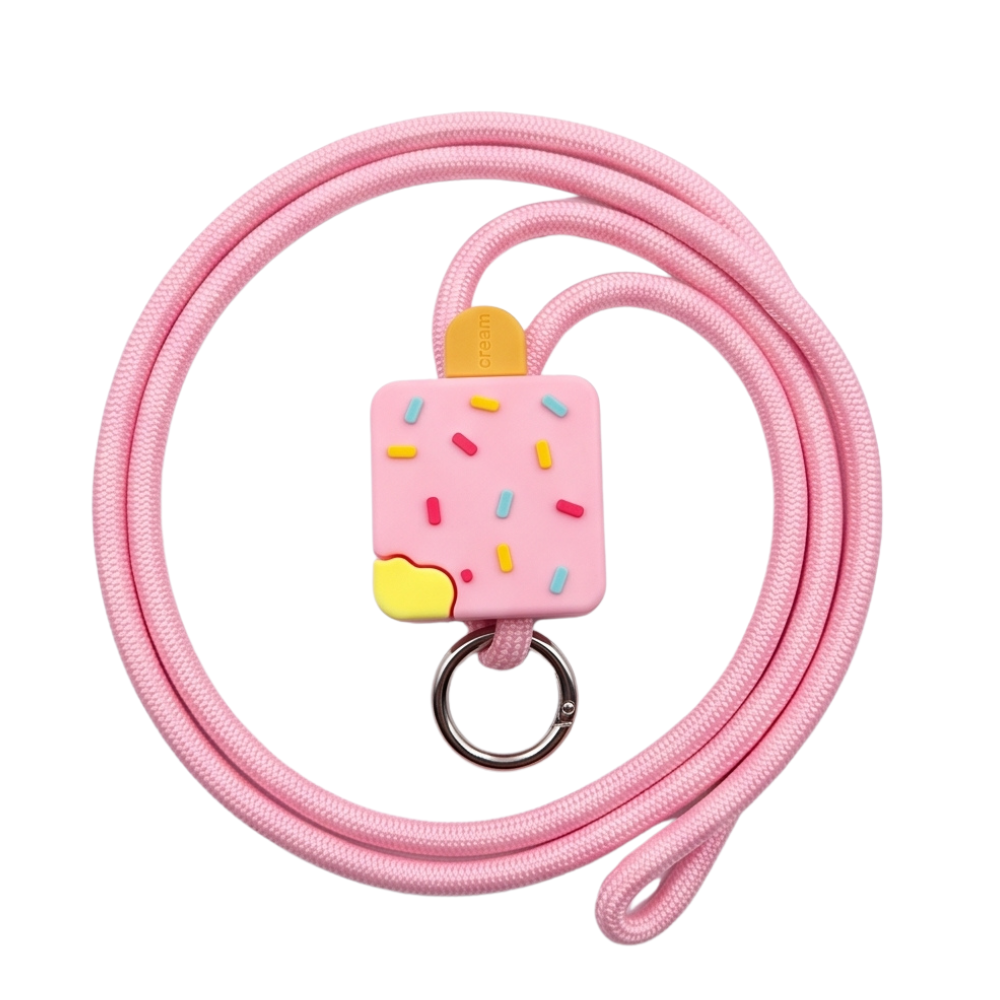 A pink braided cord keychain with a cute ice cream cone charm featuring colorful sprinkles and a yellow scoop detail, attached to a silver metal key ring.