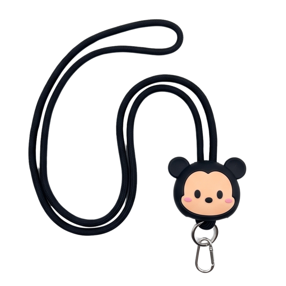 A black cord lanyard with a Tsum Tsum character charm, featuring a peach-colored face, black ears, and a silver carabiner clip, shown on a plain white background.