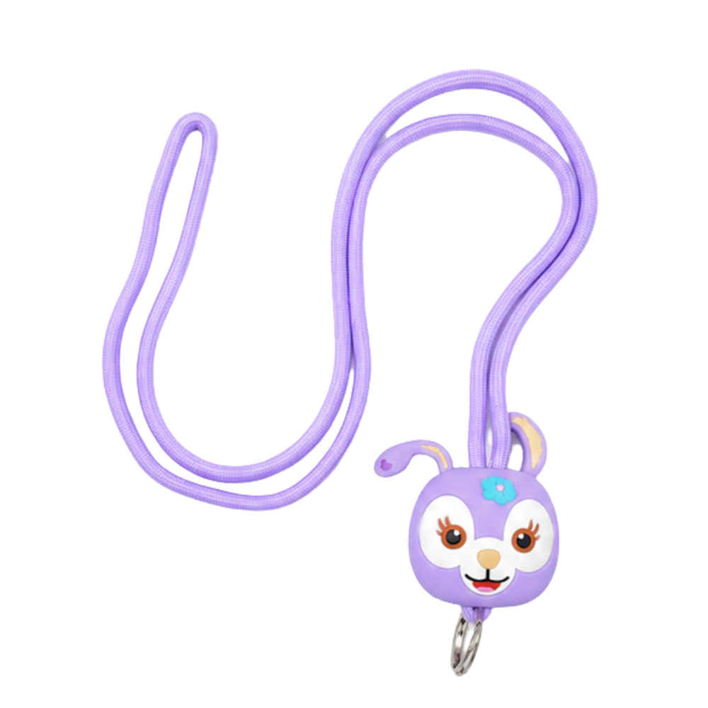 A purple cartoon rabbit-shaped keychain with a matching elastic strap, featuring a cute face and a silver metal key ring, shown on a plain white background.
