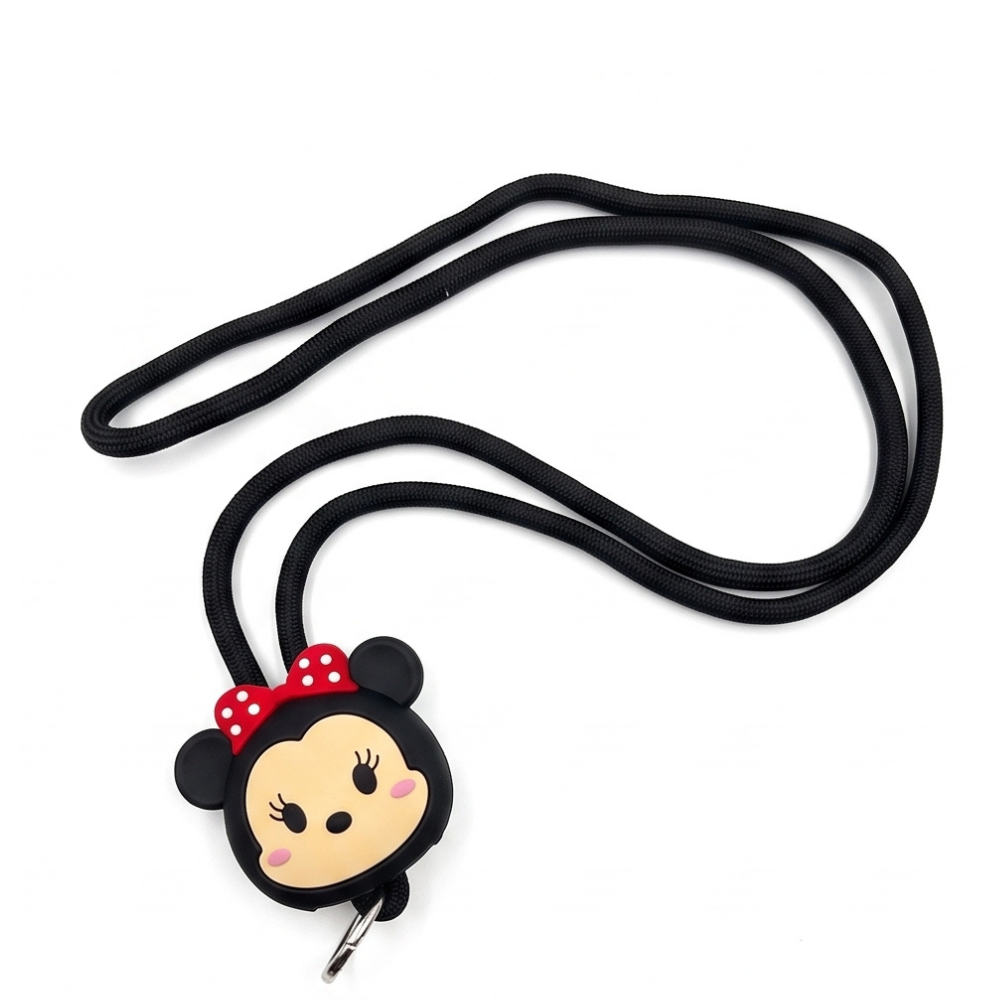 A black retractable badge reel with a plush Minnie Mouse character face and a red polka-dot bow, shown on a plain white background.