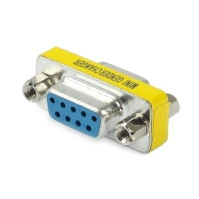 A mini VGA female-to-male video adapter with a blue 15-pin DVI plug, yellow plastic body, and silver metal housing, shown on a white background.
