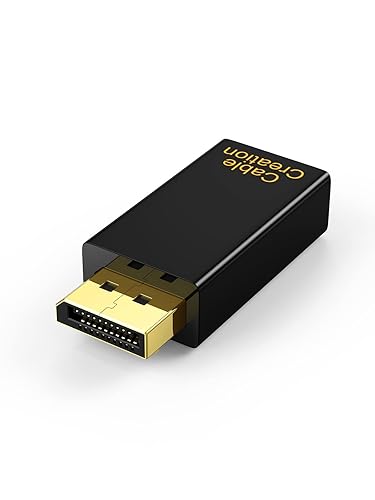DisplayPort male to HDMI female adapter with gold-plated connector and black compact housing on white background