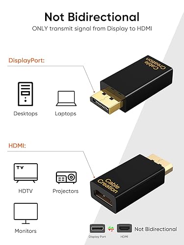 DisplayPort to HDMI adapter one-directional signal transmission from desktop or laptop DisplayPort source to HDTV projector or monitor HDMI display