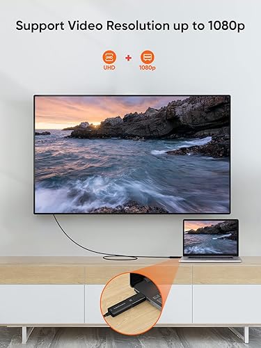 DisplayPort to HDMI adapter supporting UHD 1080p video resolution output connecting laptop to large wall-mounted TV