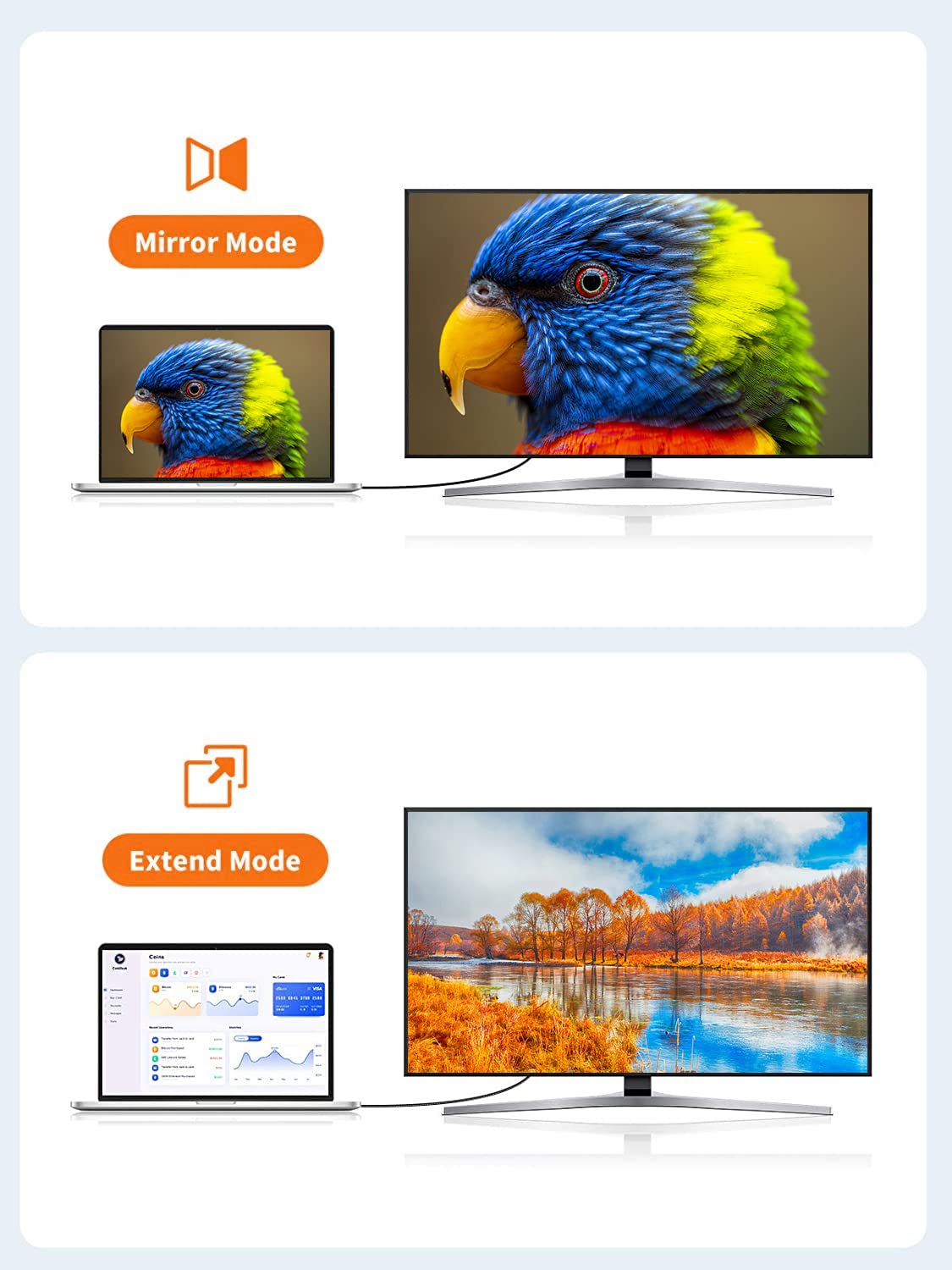 DisplayPort to HDMI adapter supporting mirror mode and extend mode connecting laptop to large Samsung HDTV for dual display