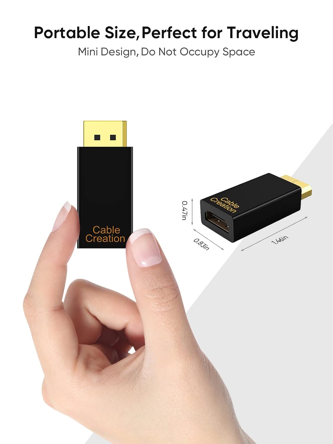 DisplayPort to HDMI adapter portable mini design dimensions 1.46 x 0.83 x 0.47 inch held in hand perfect for travel