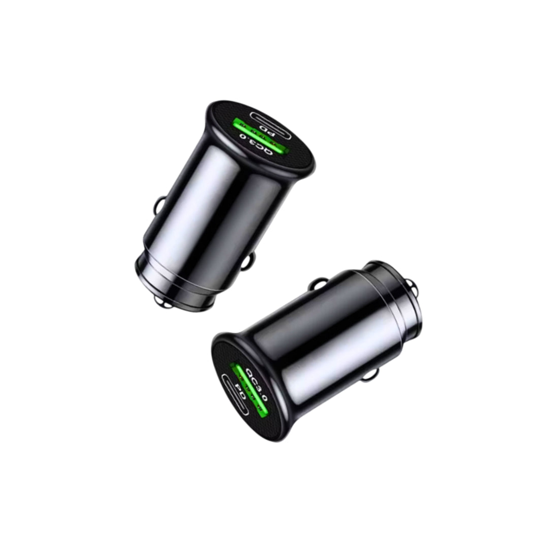 GRUNX Cool 20W dual port smart car charger 3.1A black USB-C and USB-A plugged into Indian car dashboard socket
