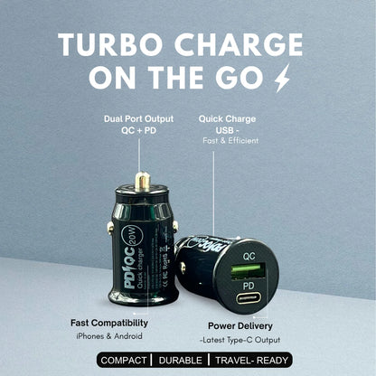 Close-up of GRUNX Cool 20W dual port car charger USB-C PD and USB-A ports smart IC chip compact black design