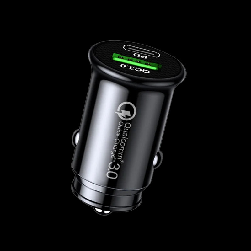 Car charger with Qualcomm Quick Charge 3.0 logo on a black background