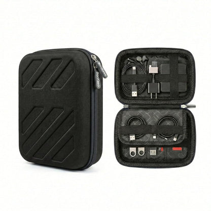 black hard shell tech organizer case closed exterior and open interior view with cables, earphones, USB drives, and charger