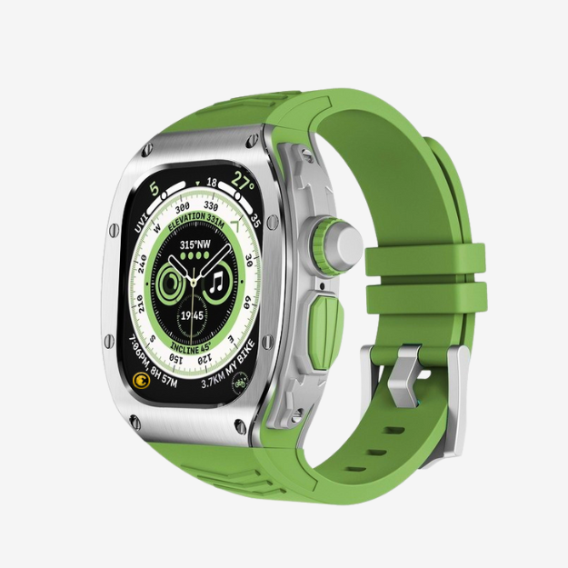 GRUNX Earth green silicone strap and titanium steel case on Apple Watch Ultra wrist Indian lifestyle