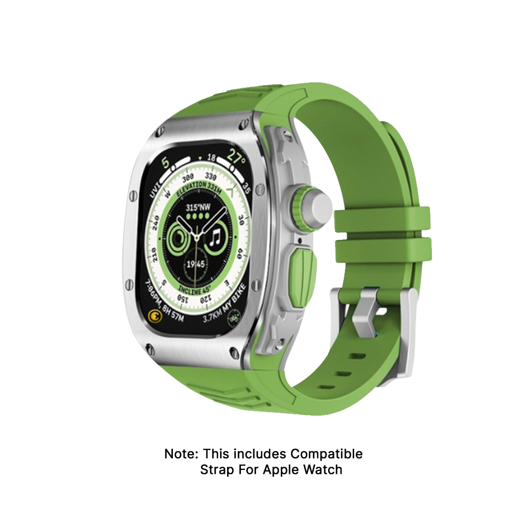 GRUNX Earth titanium stainless steel Apple Watch Ultra case with green silicone strap 49mm front view India