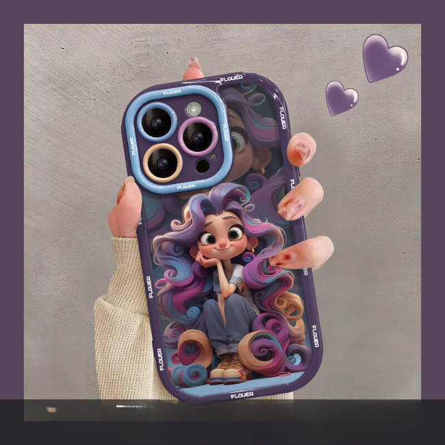 Indian woman showcasing GRUNX Emma princess cartoon iPhone 15 case purple UV-painted silicone back view India
