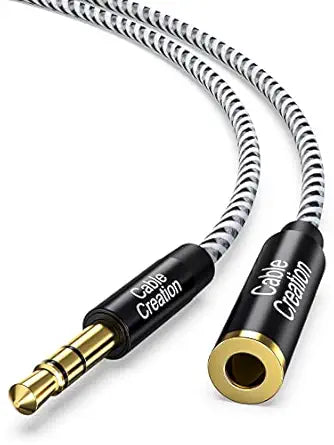 A braided audio cable with a 3.5mm male plug and a 3.