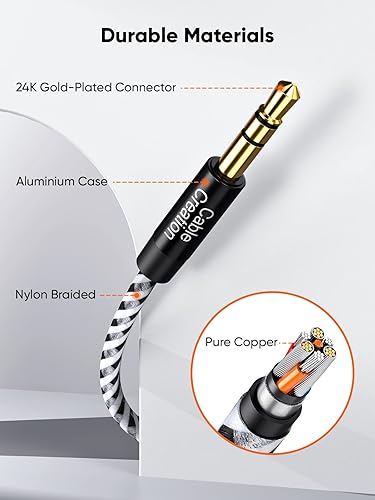 3.5mm aux extension cable durable materials showing 24K gold-plated connector aluminum case nylon braided jacket and pure copper core cross-section