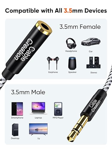3.5mm aux extension cable compatible with all 3.5mm devices including headphone earphone speaker car stereo smartphone laptop desktop MP3 player and TV