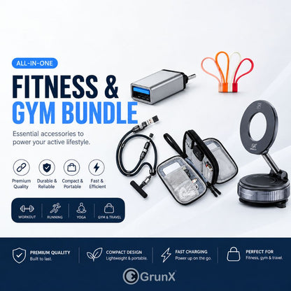 GrunX Fitness & Gym Bundle with type c otg adapter usb a metal connector adapter,  magnetic cable ties organizer pouch for cables and MagSafe mobile holder 360 suction mount