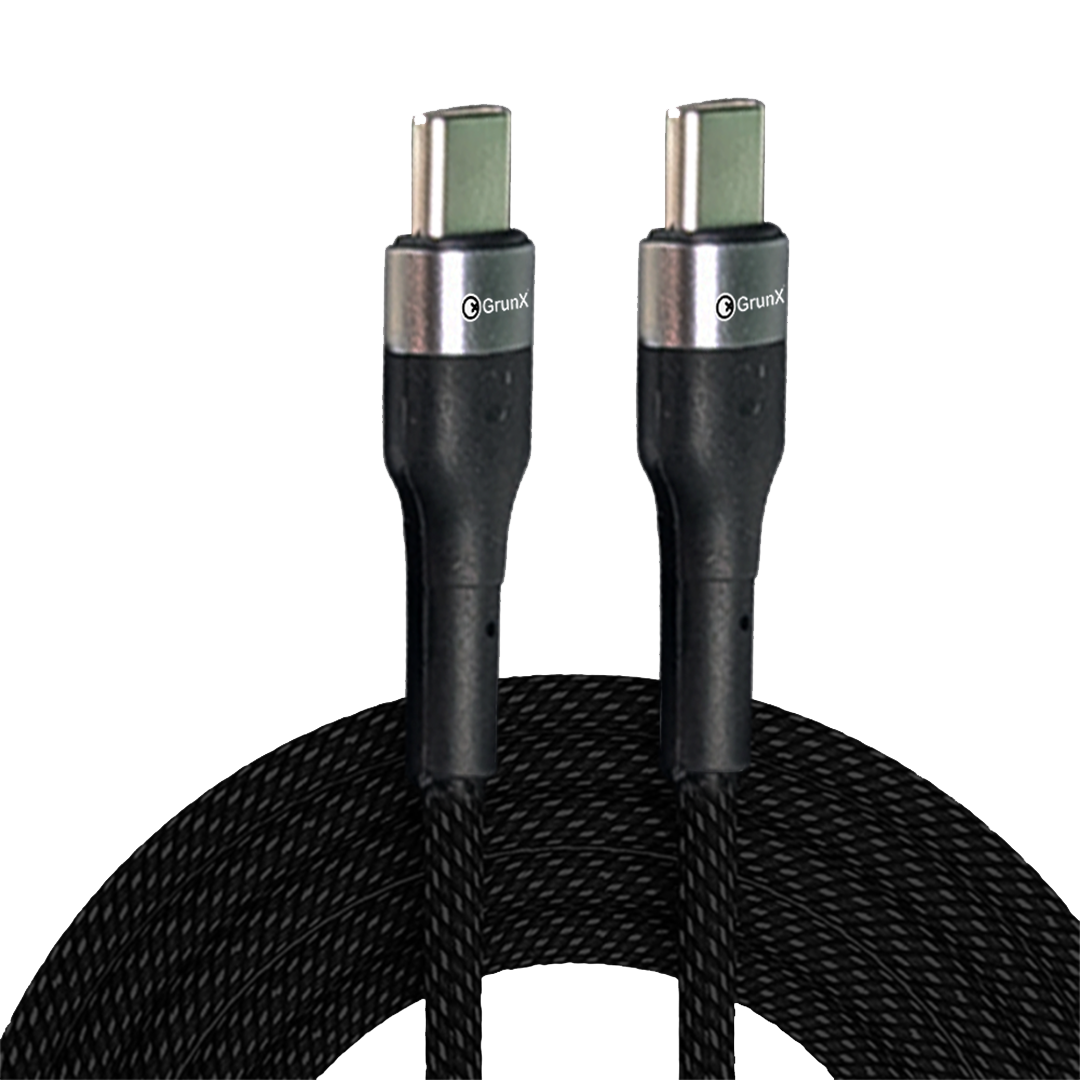 GRUNX Flash 100W USB-C to C charging cable 2 meter braided design on clean Indian office desk setup