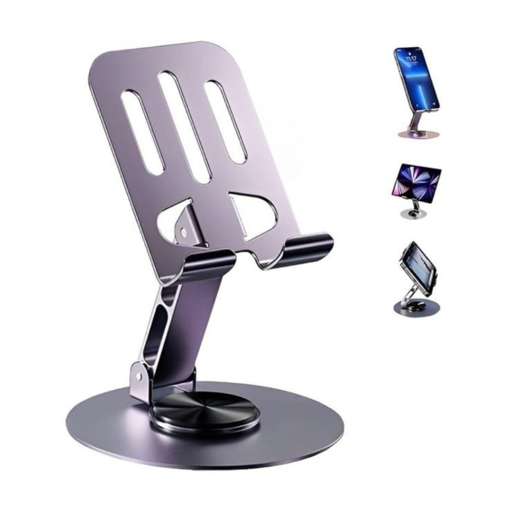 Flexo aluminum desktop stand showing anti-slip weighted base and smooth rotation mechanism for iPhone iPad universal compatibility India