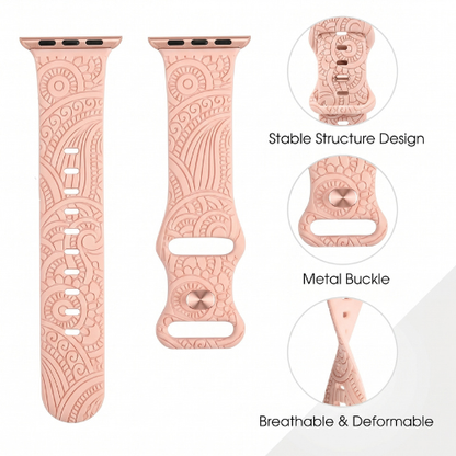 GrunX Barbie Pink Floral Engraved Apple Watch Strap – Bohemian Mandala Pattern Silicone Band with Metal Buckle, Breathable Stable Structure Design for Apple Watch