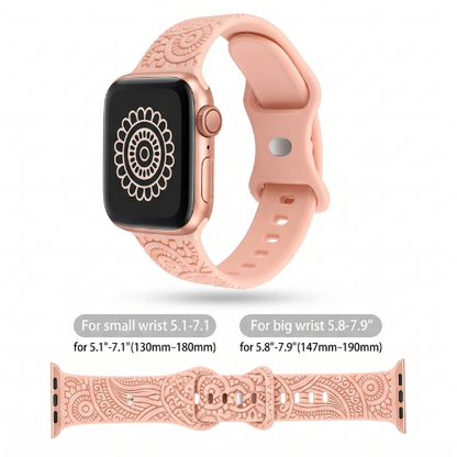 GrunX Barbie Pink Floral Engraved Apple Watch Band – Adjustable Silicone Strap for Small Wrist 130–180mm and Large Wrist 147–190mm, Paisley Mandala Design for Apple Watch All Series