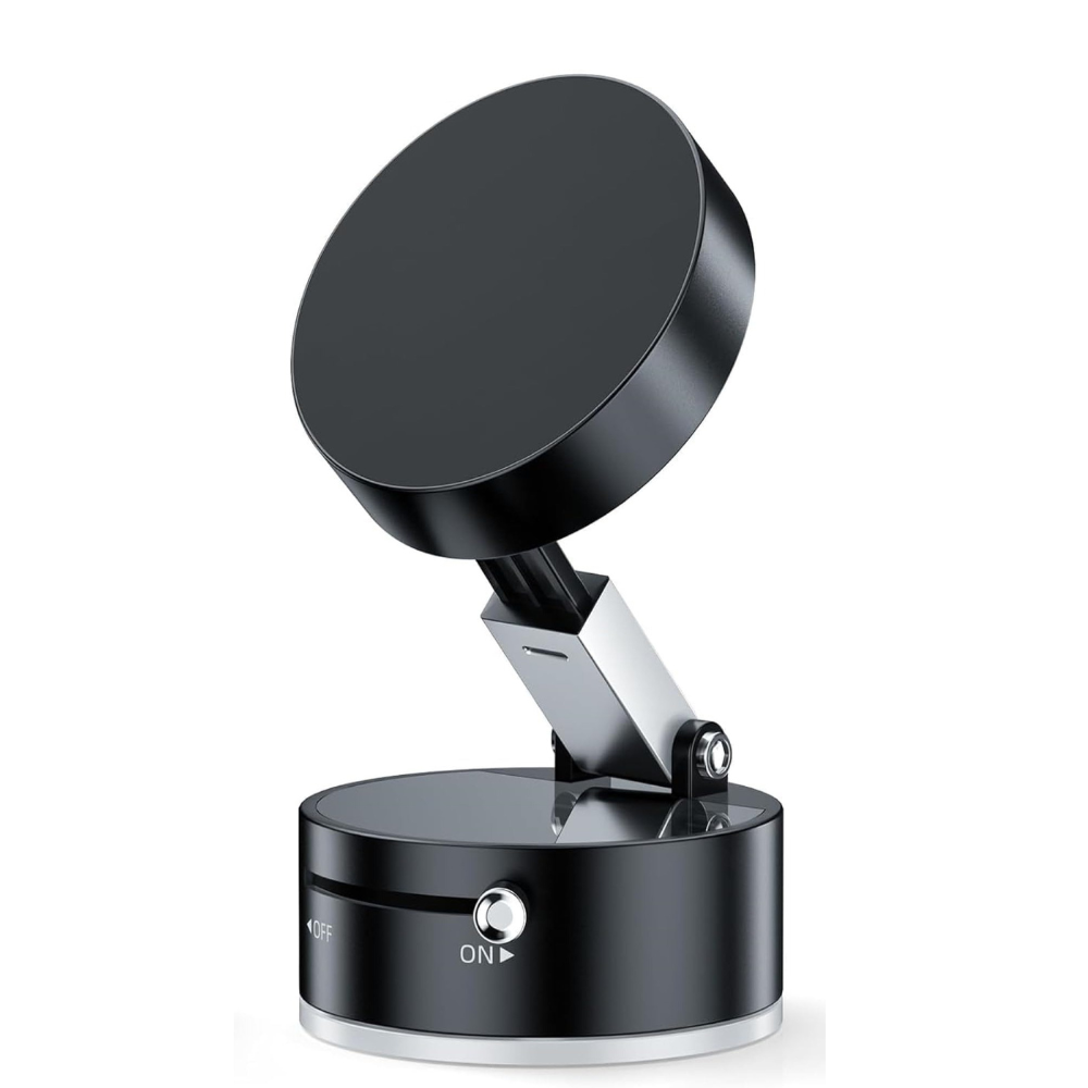 A black magnetic wireless charging stand with a silver metal support arm, shown on a solid white background.