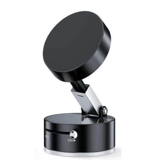 A black magnetic wireless charging stand with a silver metal support arm, shown on a solid white background.