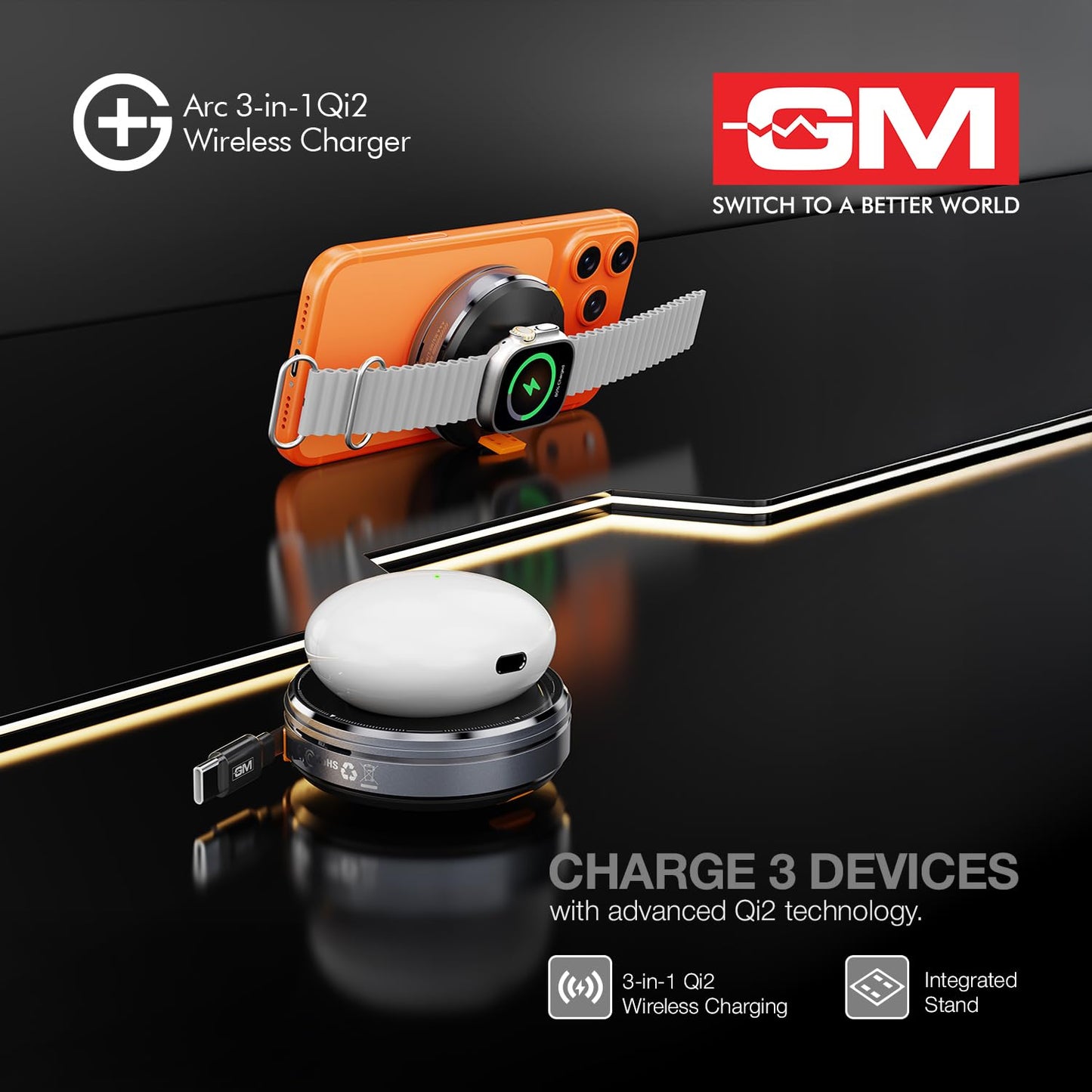 GM 3-in-1 Magnetic Qi2 Wireless Charger for iPhone