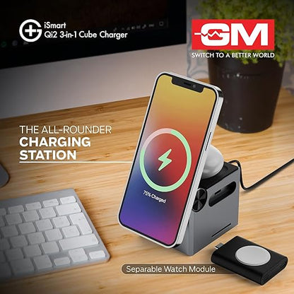 iSmart Qi2 3-in-1 Cube Charger with smartphone and watch on a desk, featuring GM logo.