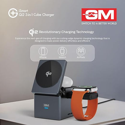iSmart Qi2 3-in-1 Cube Charger with GM logo and text on a gray background