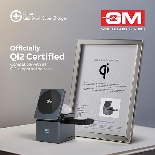 iSmart Qi2 3-in-1 Cube Charger in dark gray and black, shown alongside its silver frame Qi2 certification certificate on a light gray background.
