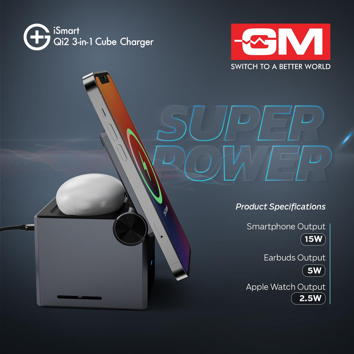 iSmart Qi2 3-in-1 Cube Charger with smartphone on a dark background, featuring GM logo.