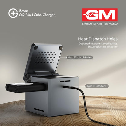 iSmart Qi2 3-in-1 Cube Charger with heat dispatch holes on a wooden surface