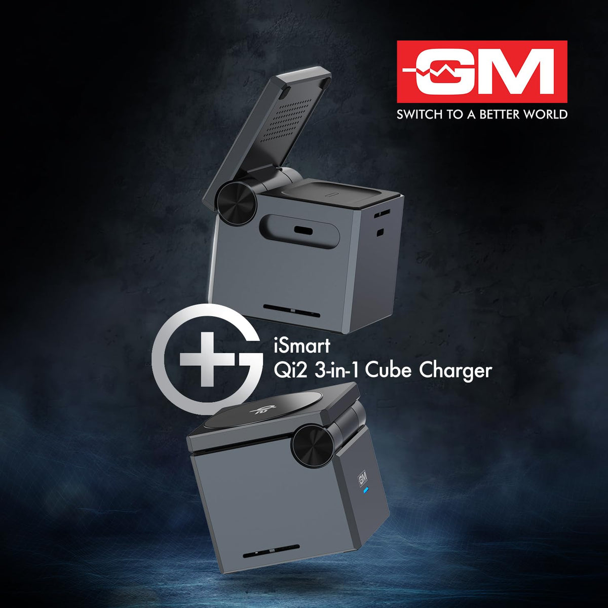 iSmart Qi2 3-in-1 Cube Charger with GM logo on a dark background