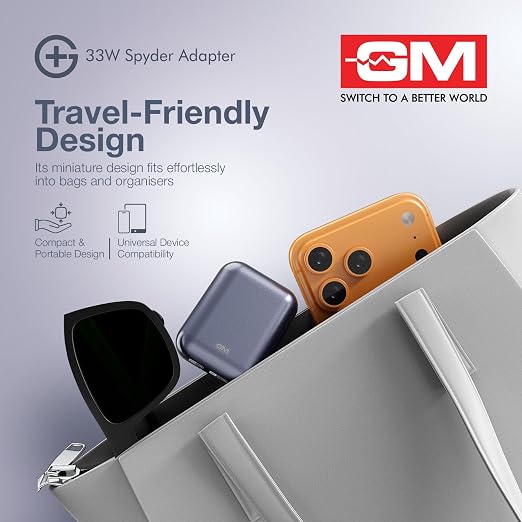 GM 33W Spyder Adapter travel-friendly design shown with a smartphone, sunglasses, and a small power bank inside a gray bag. The image includes marketing text and the GM logo on a light gray background.
