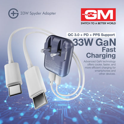 A 33W Spyder Adapter fast charger with a white USB-C to USB-C cable and a dark blue travel plug adapter, shown on a blue circuit board background with promotional text and the GM Switch to a Better World logo.