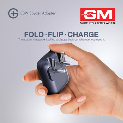 A hand holding a compact dark gray 33W Spyder Adapter plug, with promotional text and the GM Switch to a Better World logo on a light gray background.