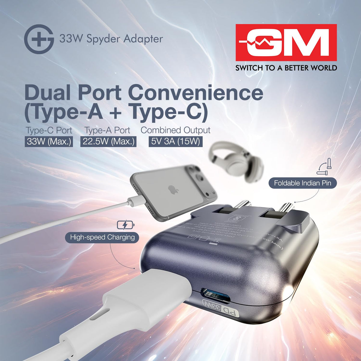 33W Spyder Adapter with dual port convenience featuring Type-A and Type-C ports on a GM branded background.