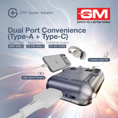 33W Spyder Adapter with dual port convenience featuring Type-A and Type-C ports on a GM branded background.