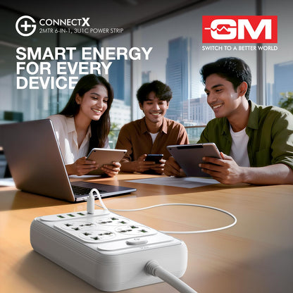 GM ConnectX power strip on office table charging laptop tablets and phone with USB ports