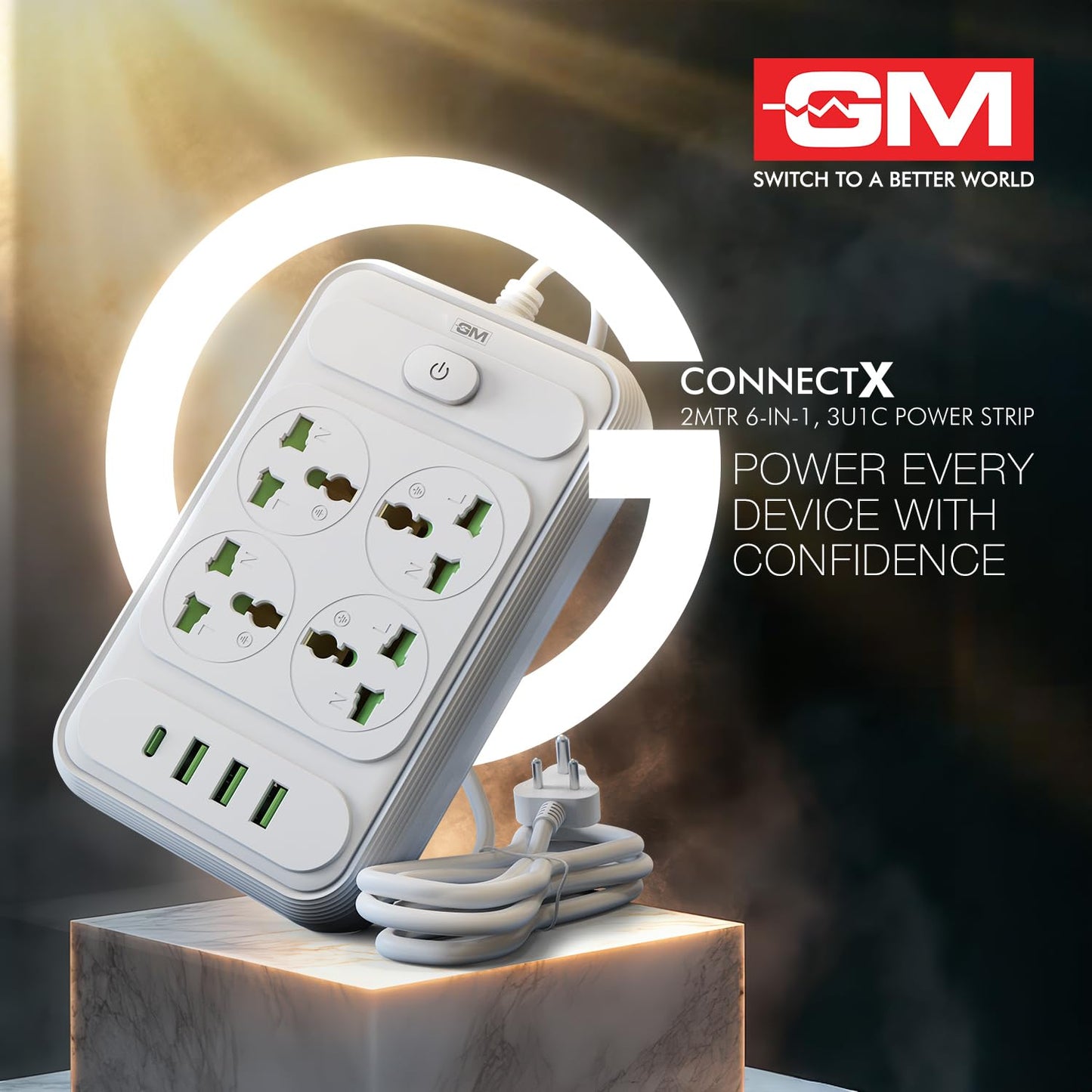 GM ConnectX 2 meter 6-in-1 power strip with 4 universal sockets and USB Type-C ports on marble stand