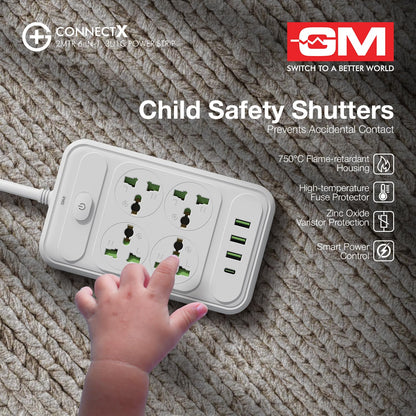 GM ConnectX power strip child safety shutters preventing accidental contact with flame retardant housing