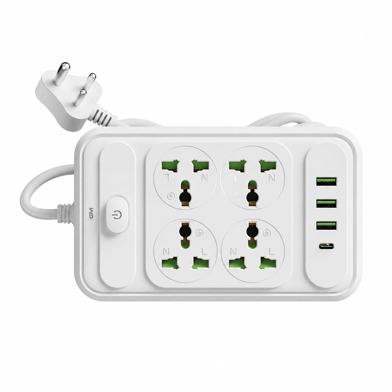 GM ConnectX 2 meter 6-in-1 power strip with 4 universal sockets 3 USB ports and Type-C port on white background